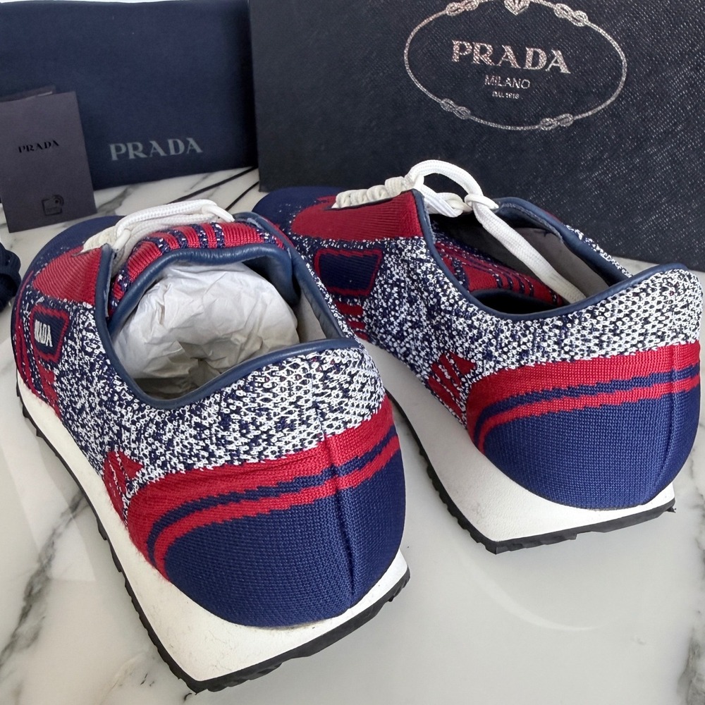 Prada‎ Knit Sneakers Mens  Indaco Scarlatto Blue Red 2EG272 Runner Shoes US 8 - Picture 8 of 12